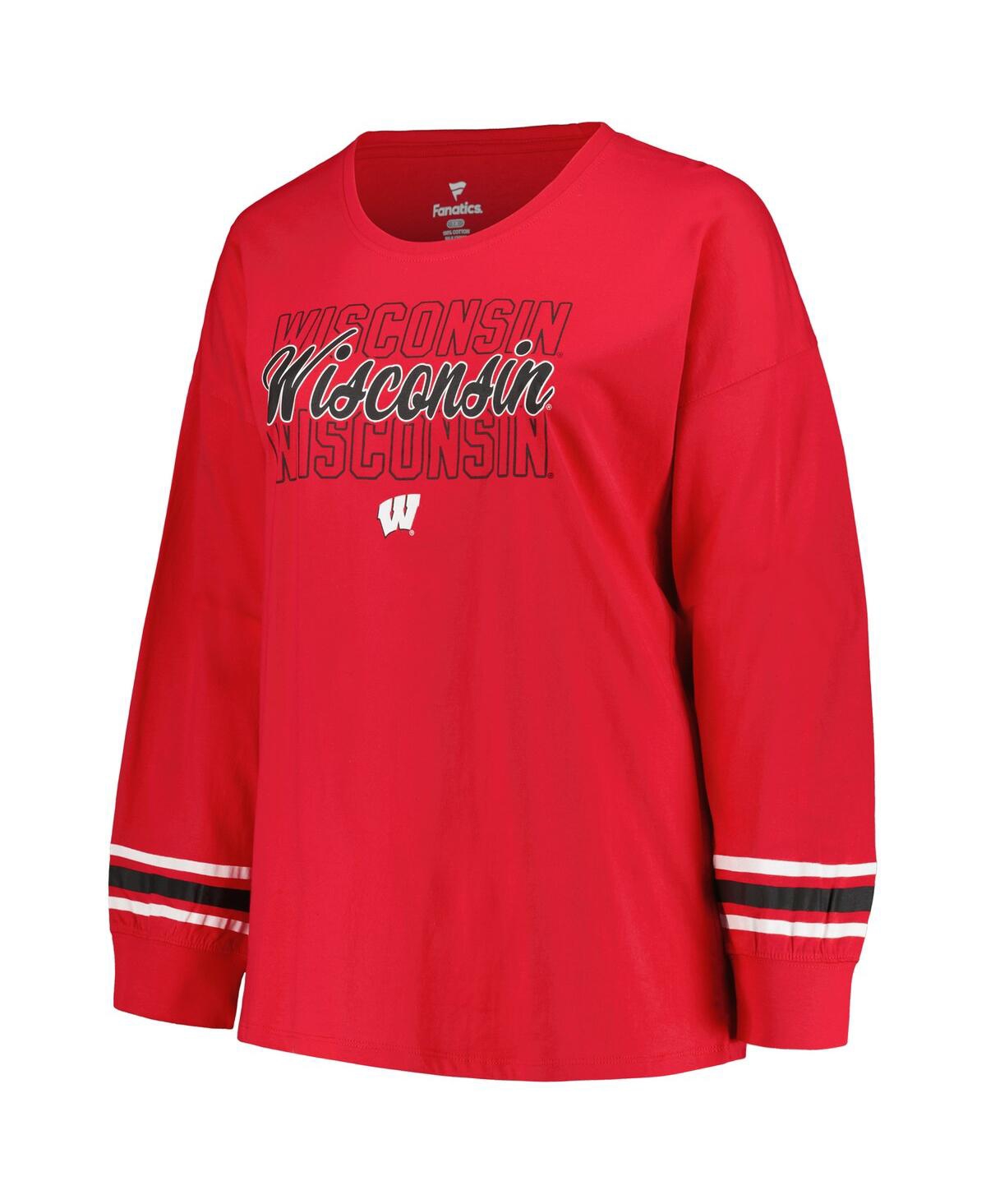 Shop Profile Women's  Red Wisconsin Badgers Plus Size Triple Script Scoop Neck Long Sleeve T-shirt