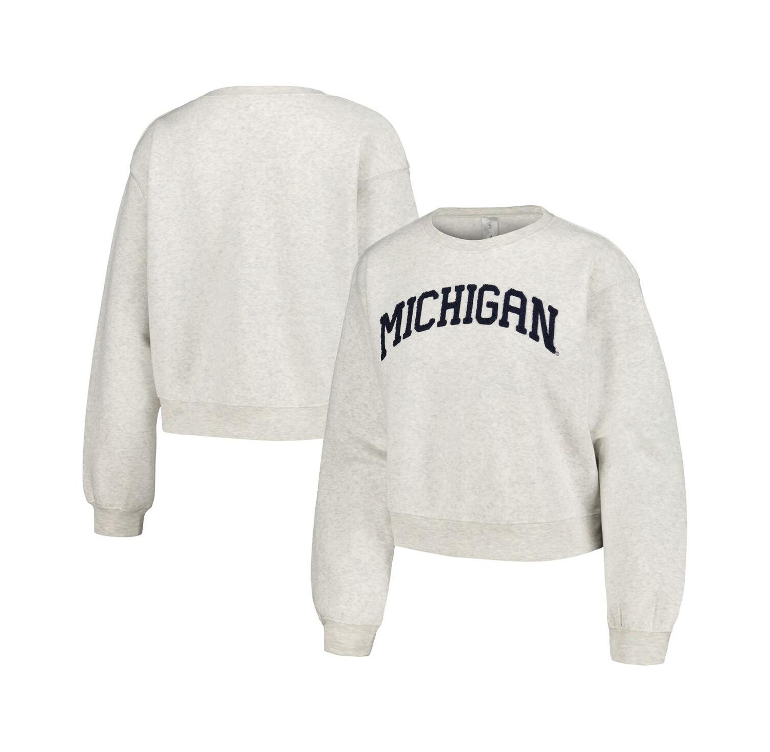Women's Oatmeal Michigan Wolverines Core Chenille Cropped Pullover Sweatshirt