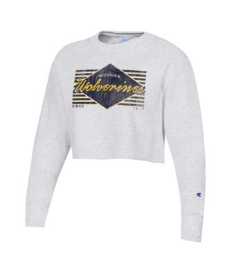 Women's Heather Gray Distressed Michigan Wolverines Reverse Weave&nbsp;Cropped Pullover Sweatshirt
