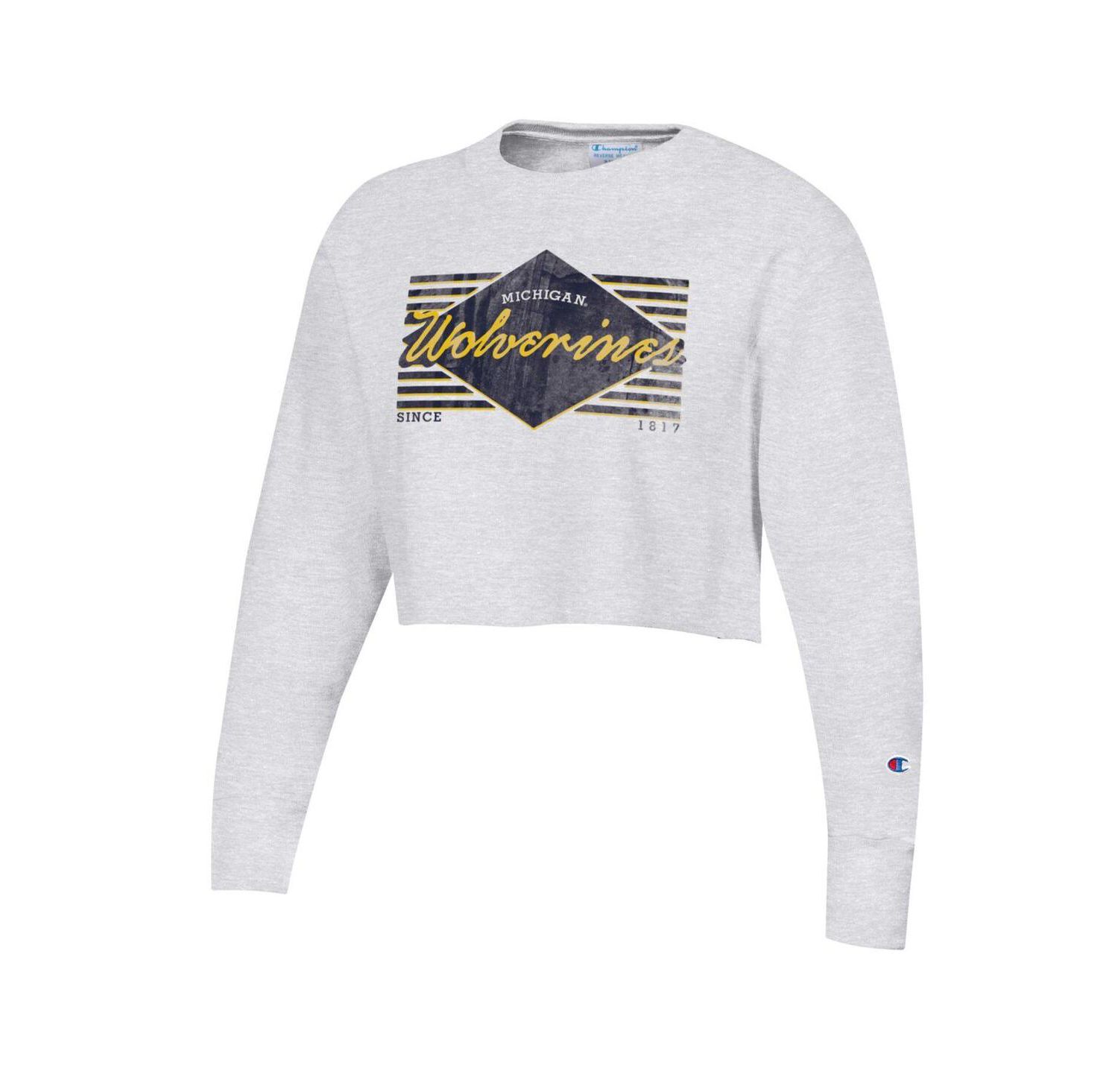 Women's Heather Gray Distressed Michigan Wolverines Reverse Weave Cropped Pullover Sweatshirt