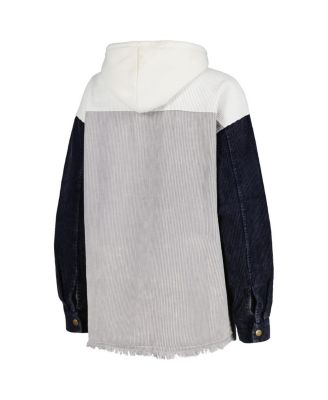 Women's Gray Distressed Michigan Wolverines Vintage-Like Wash Corduroy Full-Snap Hooded Shacket