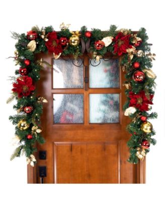 Company 9' Artificial Christmas Garland with Lights, Golden-Tone Leaf Red Magnolia