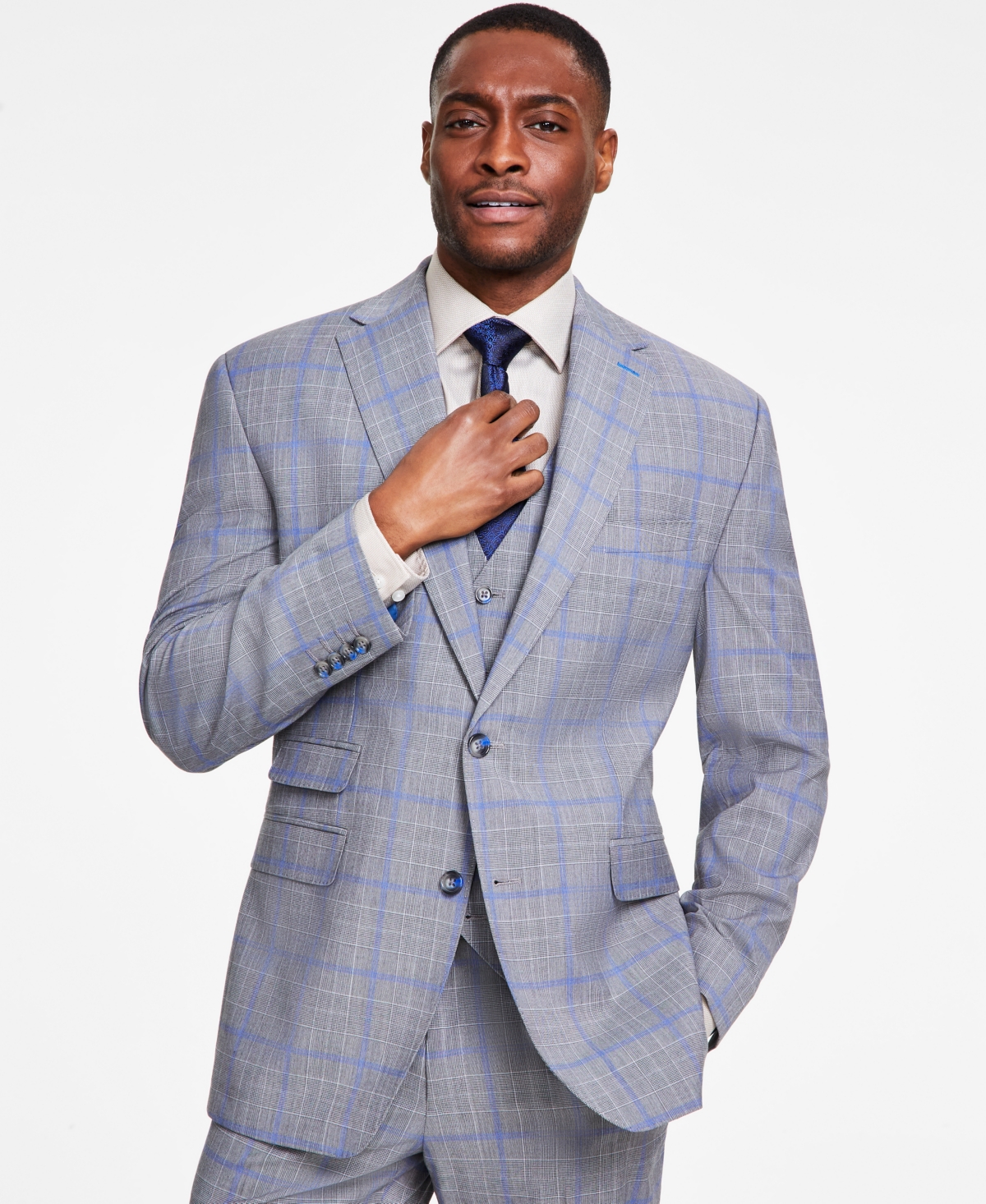 Shop Tayion Collection Men's Classic-fit Plaid Suit Jacket In Light Grey,cranberry Plaid