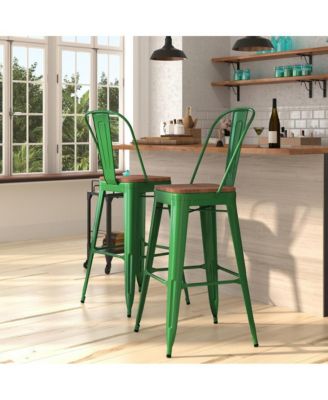 Dothan Metal Dining Stool With Curved Slatted Back And Textured Wood Seat