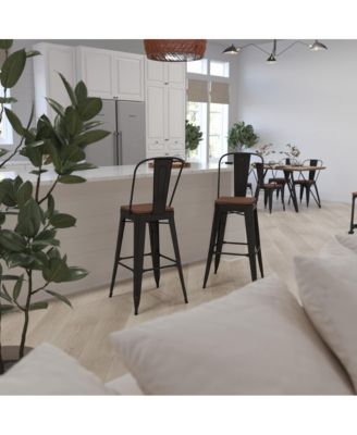 Dothan Metal Dining Stool With Curved Slatted Back And Textured Wood Seat