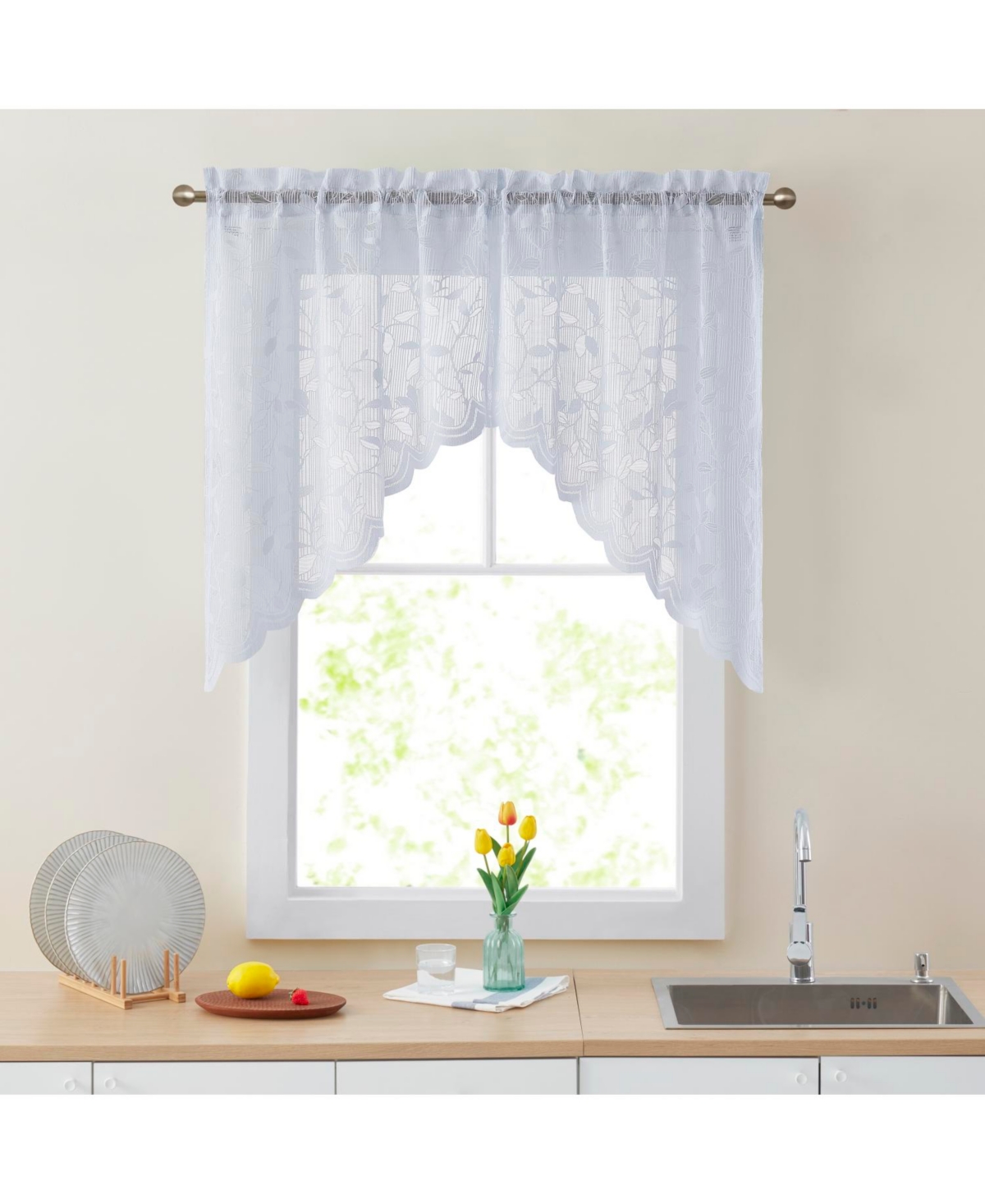 Joyce Semi Sheer Kitchen Swag Curtain Panels - Rod Pocket for Small Windows, Kitchen & Bathroom - 30 W x 36 L (Pair) - White