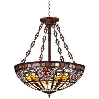 Bronze 5-Light 24" Wide Tiffany Style Stained Glass Bowl Ornamental Fixture Pendant Chandelier