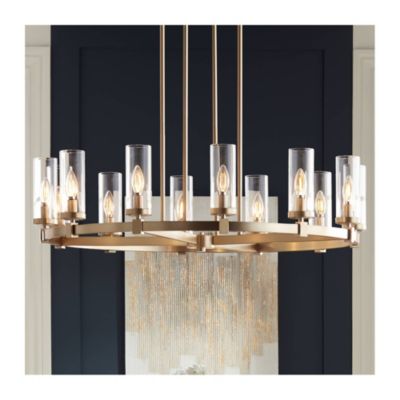 Aron Brass Gold Wagon Wheel Chandelier 36" Wide Modern Clear Glass Shade 12-Light Fixture for Dining Room House Foyer Kitchen Island Entryway