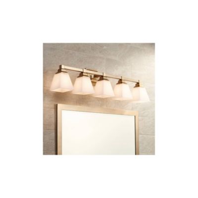 Mencino-Opal Modern Wall Mount Light Warm Brass Gold Metal Hardwired 35 1/4" Wide 5-Light Fixture Etched White Glass Shades for Bathroom Vanity Mirror House Home Room Decor