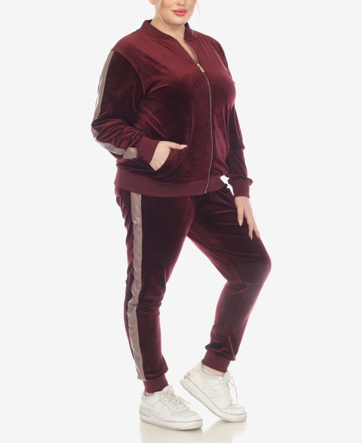White Mark Plus Size Faux Leather Stripe Velour 2 Piece Tracksuit Set