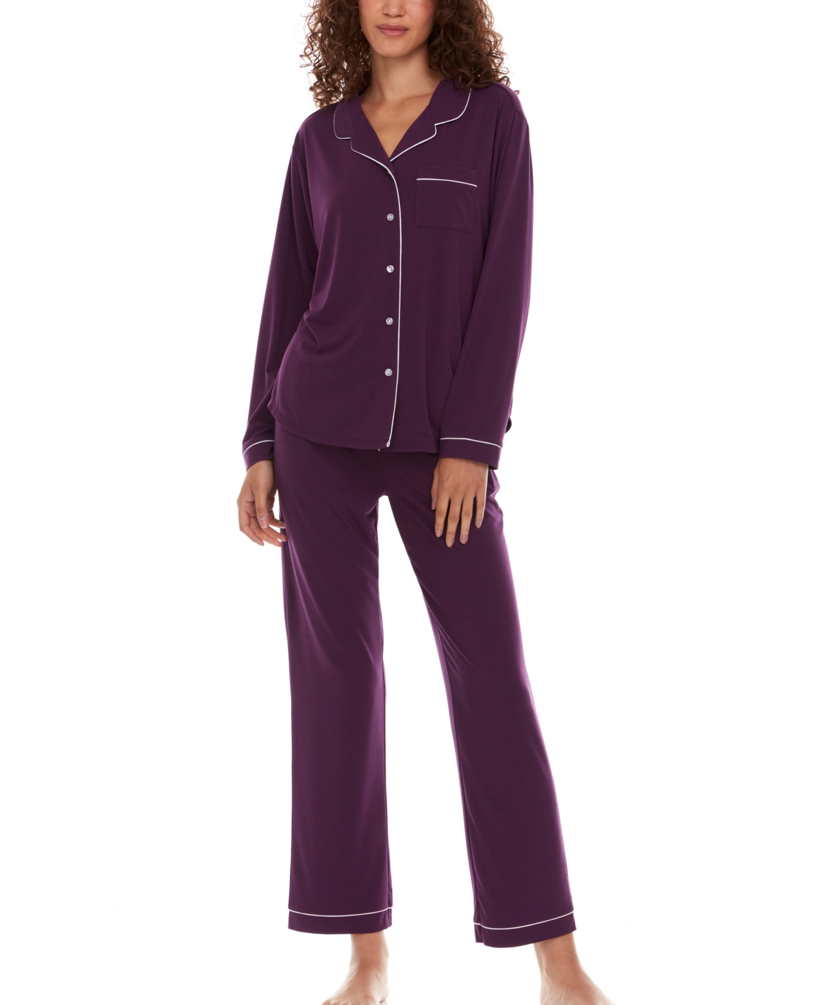Women's Annie 2 Piece Notch Long Sleeve Top and Knit Pants Pajama Set - Plum