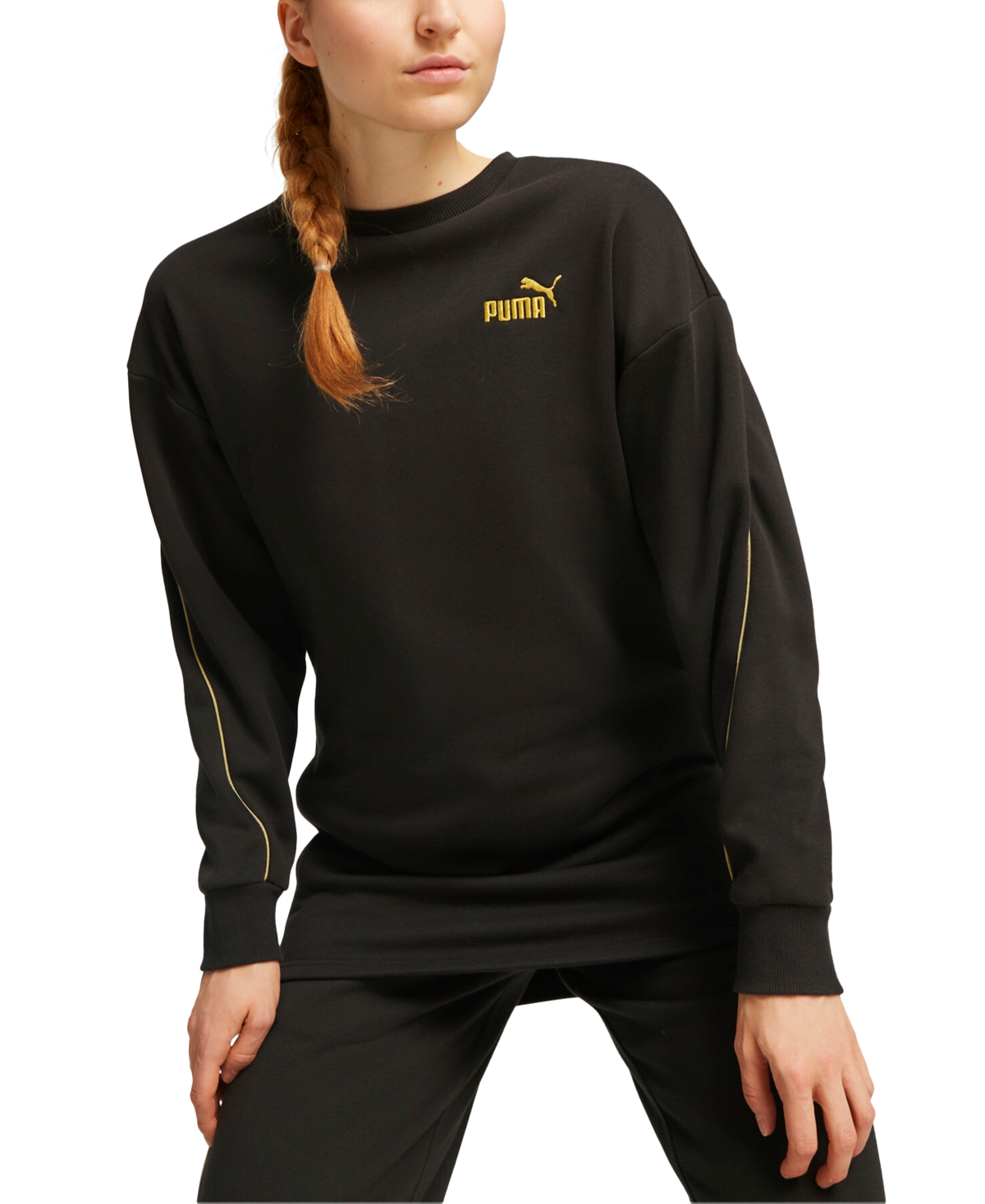 Puma Women's Metallic Piped Crewneck Logo-embroidered Sweatshirt In  Black