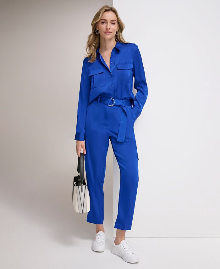 Calvin Klein Women's Button Down Shirt & Belted Cargo Pant - Macy's