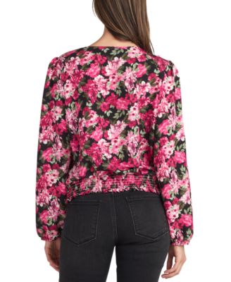 Juniors' Smocked Surplice Long-Sleeve Floral Top