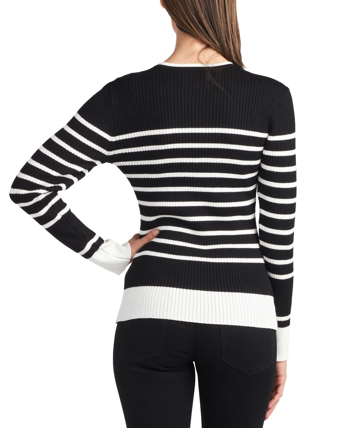 Shop Bcx Juniors' Striped Ribbed Button-cuff Sweater In Color