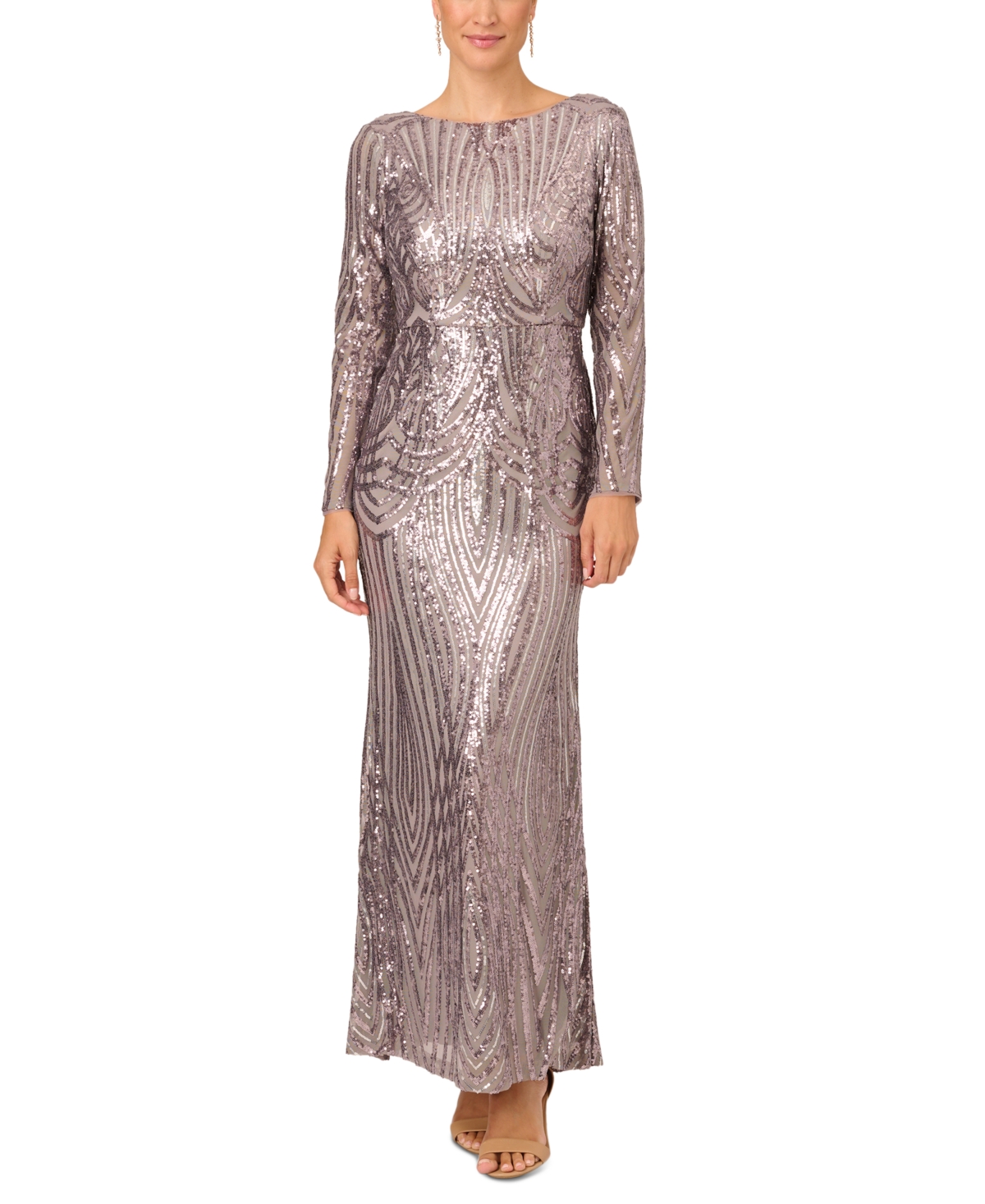 Adrianna Papell Women's Sequined Long-sleeve Gown In Stone