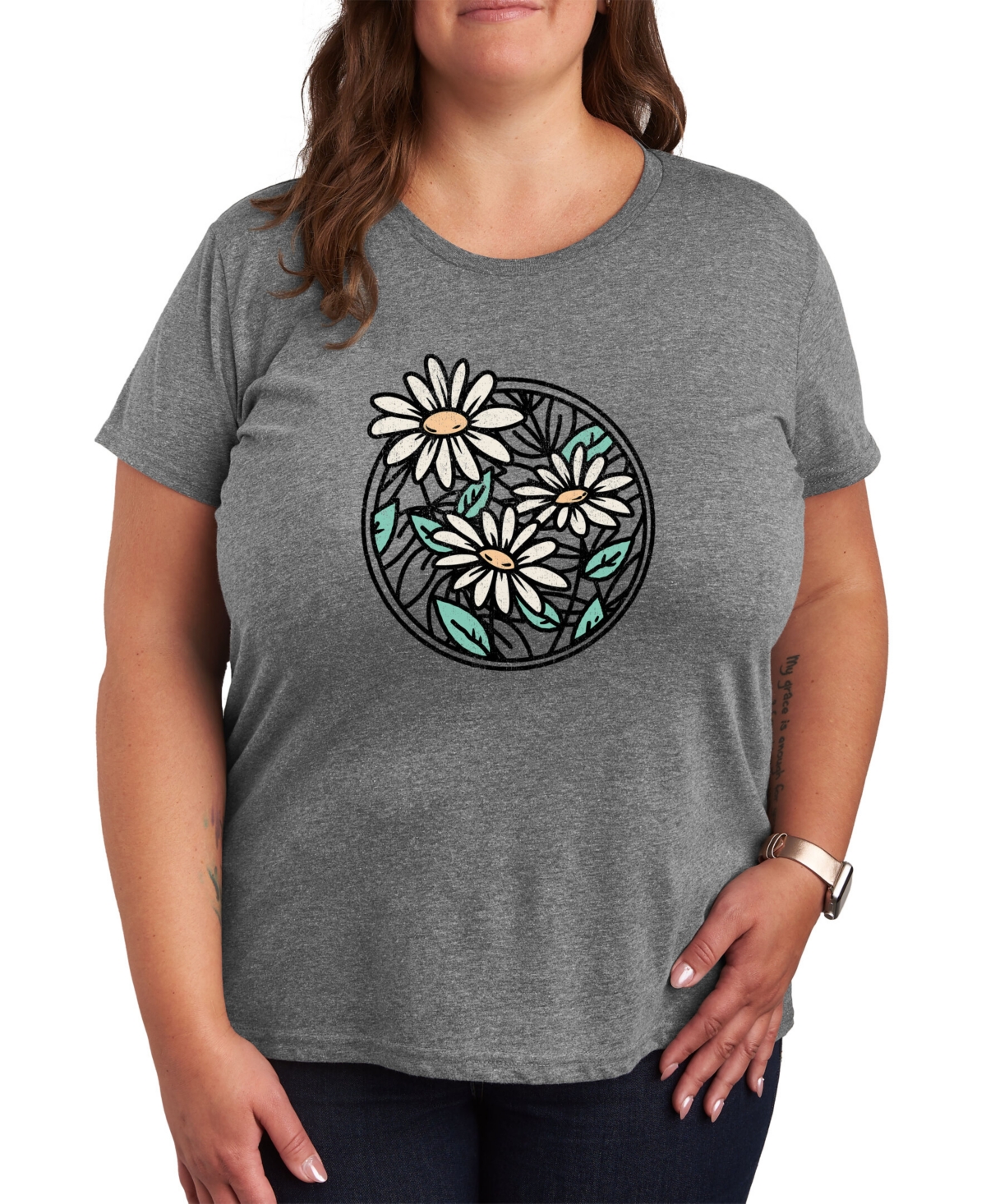 Air Waves Trendy Plus Size Daisy Graphic T-shirt In Gray