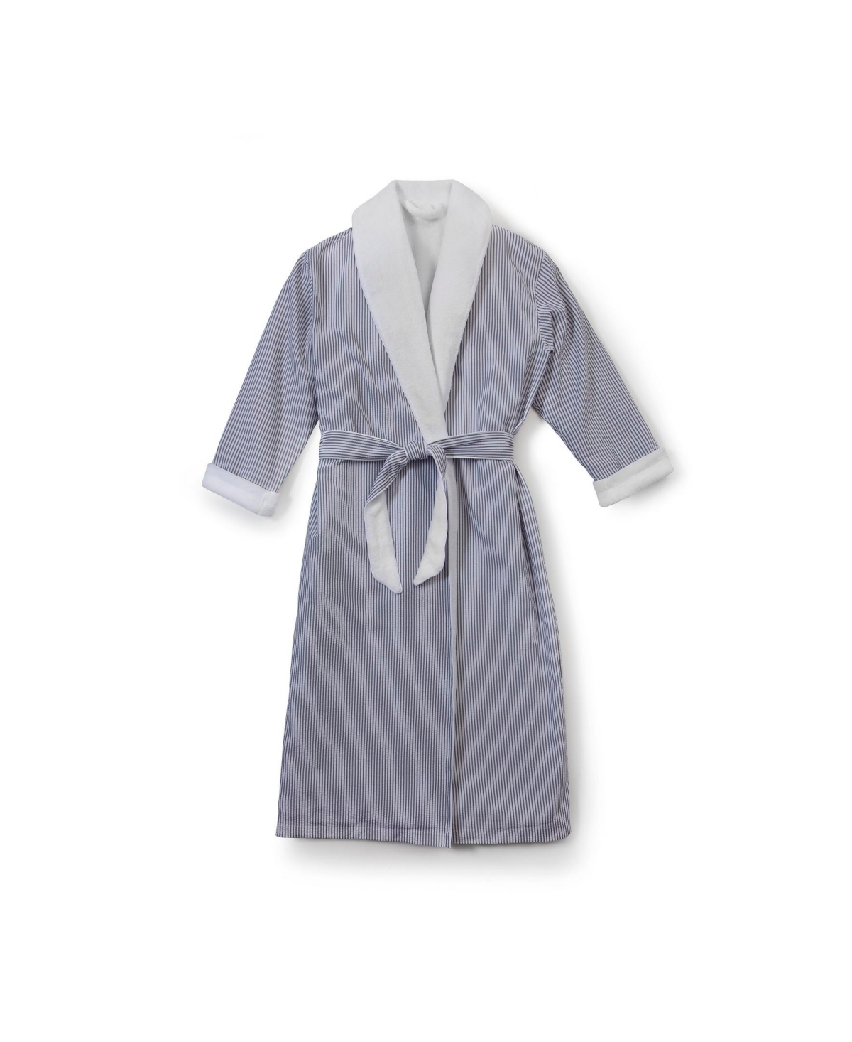 Shop Cassadecor Stria Stripe Fleece And Polyester Bath Robe In White,gray