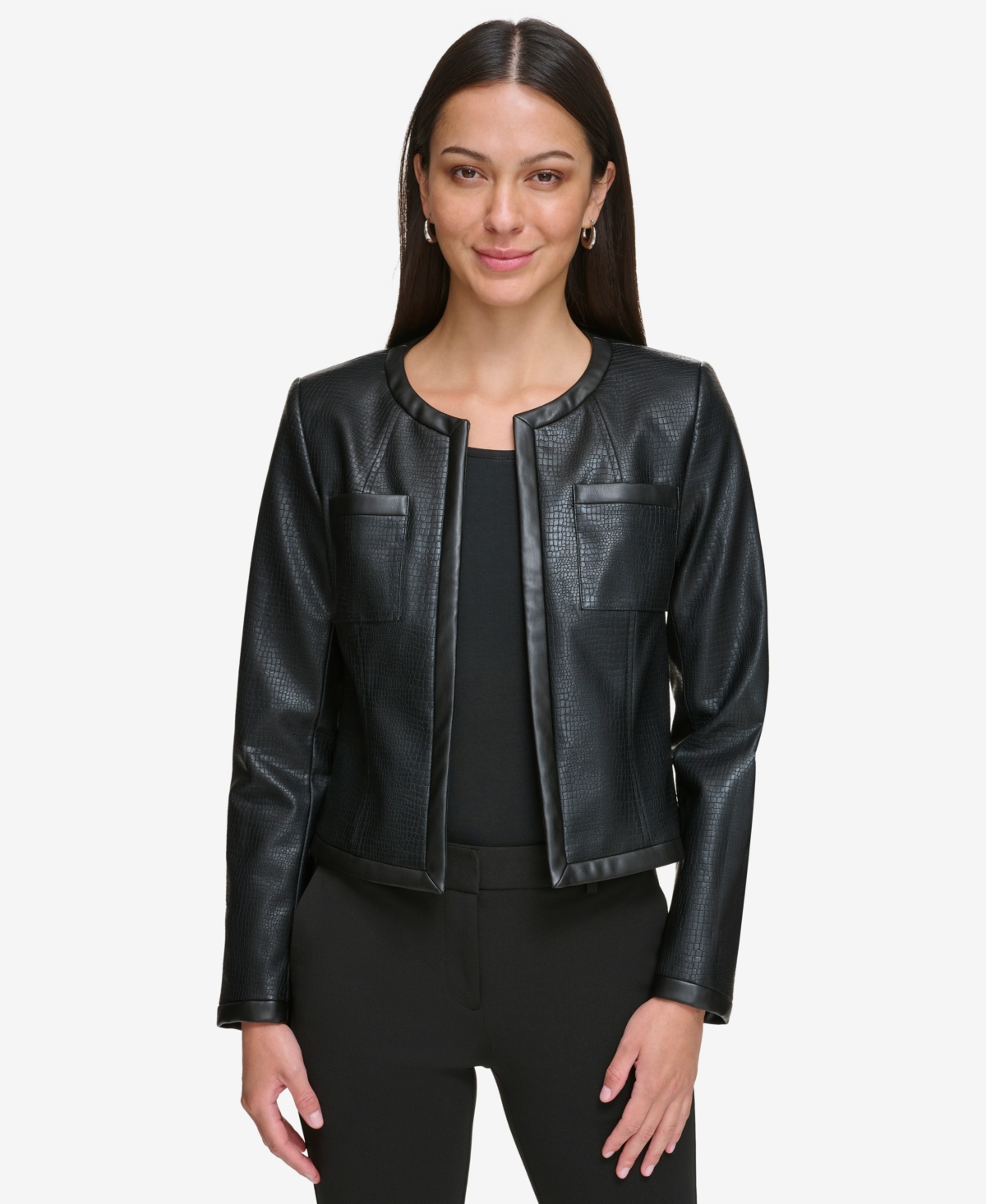 DKNY WOMEN'S COLLARLESS FAUX LEATHER OPEN-FRONT JACKET