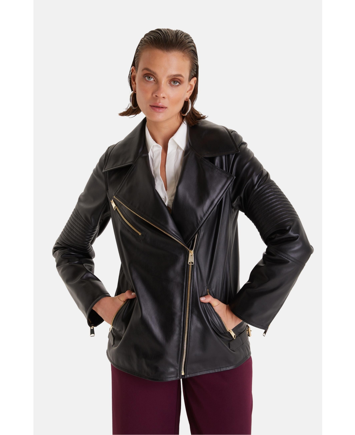 Women's Genuine Leather Jacket,Nappa Black - Black