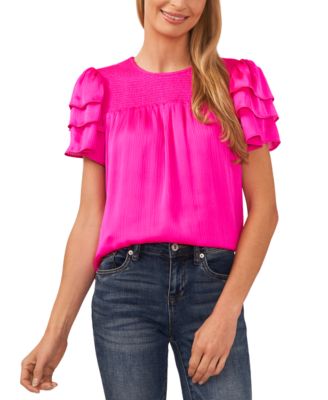 CeCe - Women's Solid Ruffled-Sleeve Smocked-Yoke Blouse