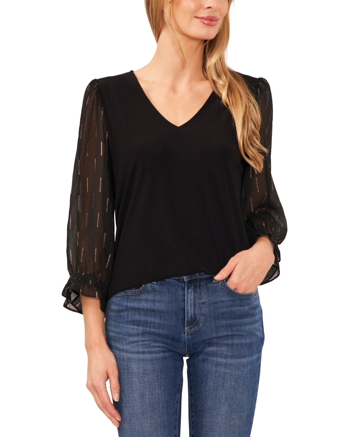Cece Women's V-neck Sheer Mixed-media Gold Lurex 3/4-sleeve Knit Top In Rich Black