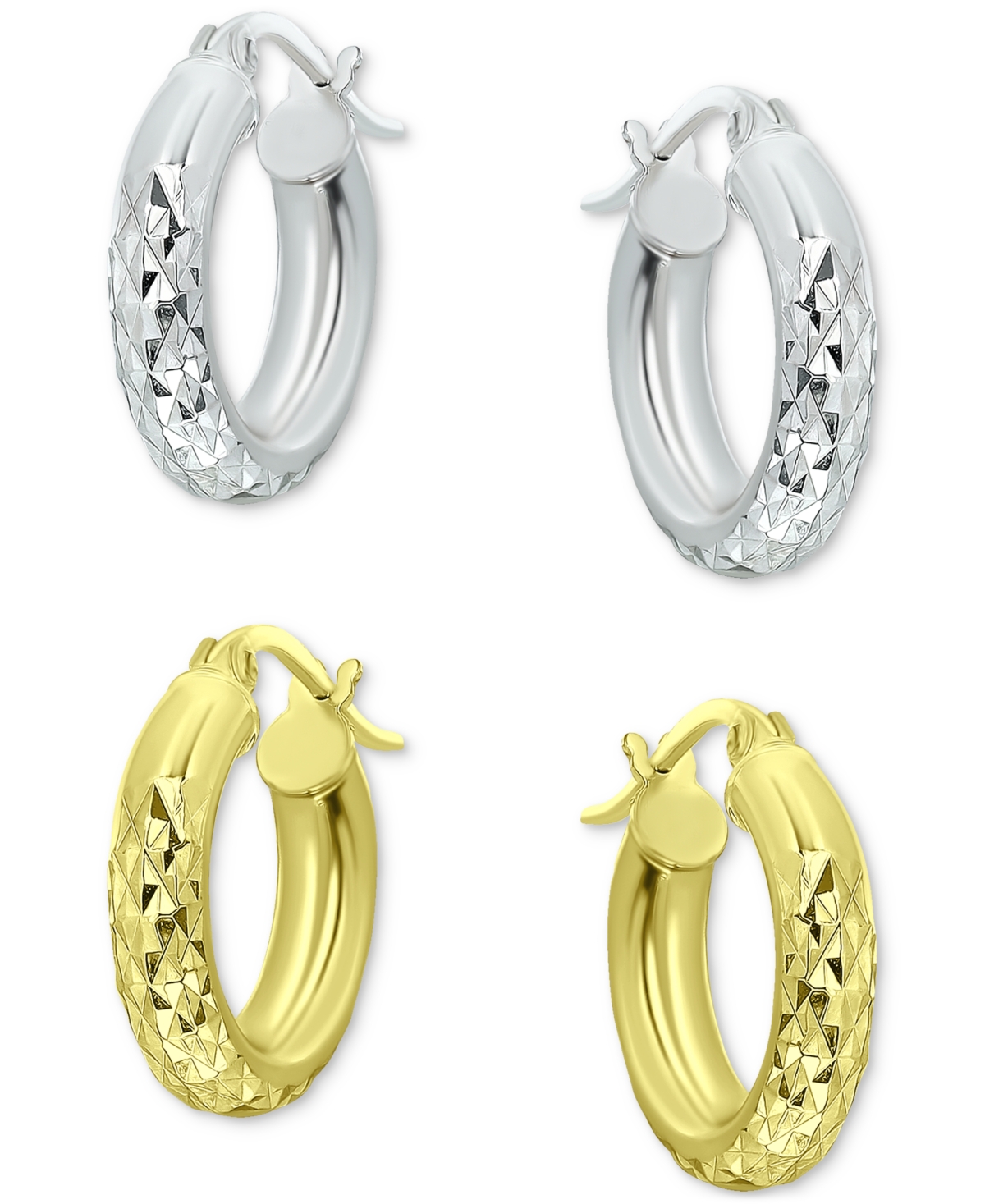 2-Pc. Set Textured Huggie Hoop Earrings in Sterling Silver & 18k Gold-Plate, 15mm