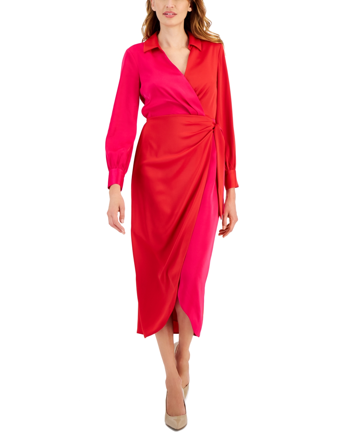 Shop Anne Klein Women's Long-sleeve Faux-wrap Midi Dress In Poppy,light Amaranth