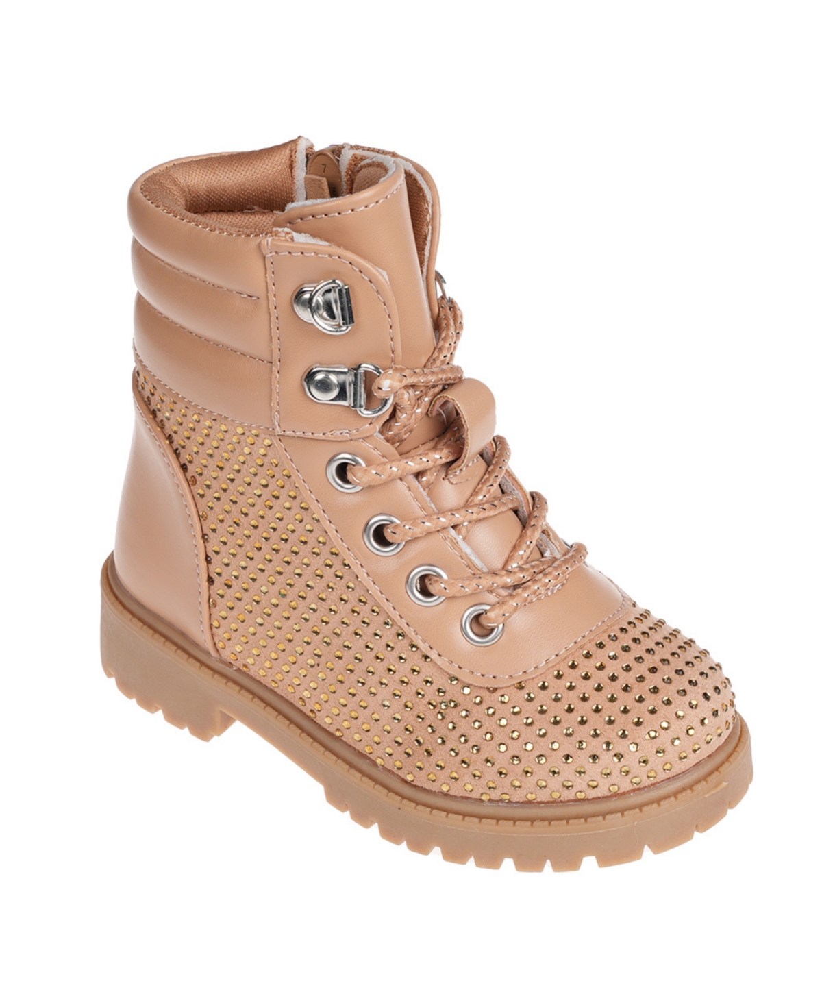 Bebe Kids' Toddler Girls Short Lace-up Ankle Combat Boots With Quilted Collar And Rhinestones In Tan