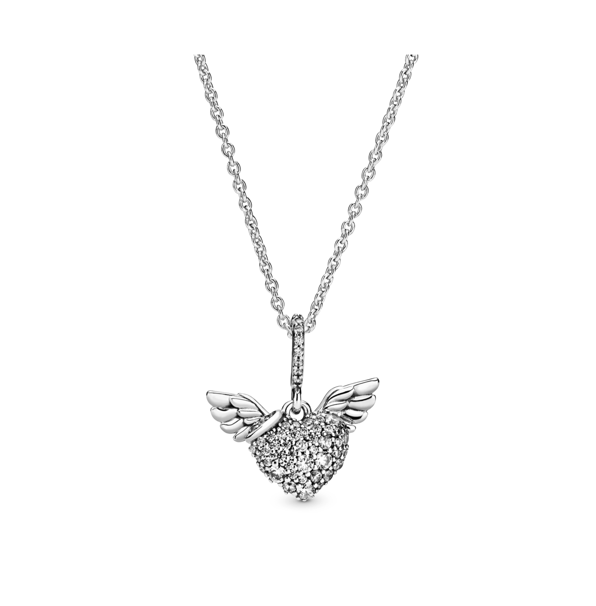 Pandora Moment Sterling Silver Pave Cubic Zirconia Heart And Angel Wings Necklace
