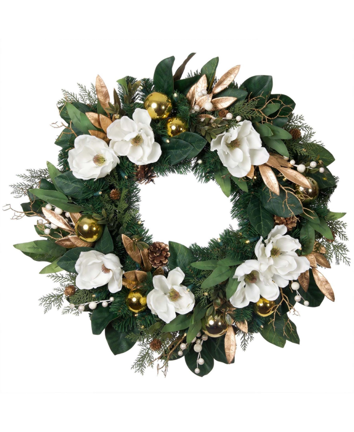 Village Lighting Company 30" Lighted Christmas Wreath, White Gold-tone Magnolia In Assorted