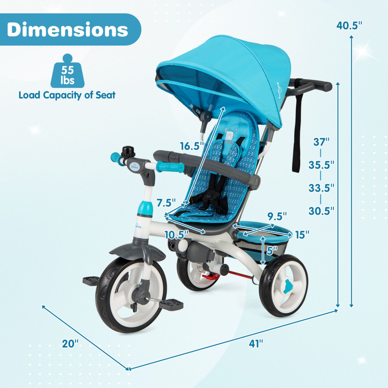Girls 4-in-1 Tricycle Stroller with Detachable Design and Round Sun Canopy