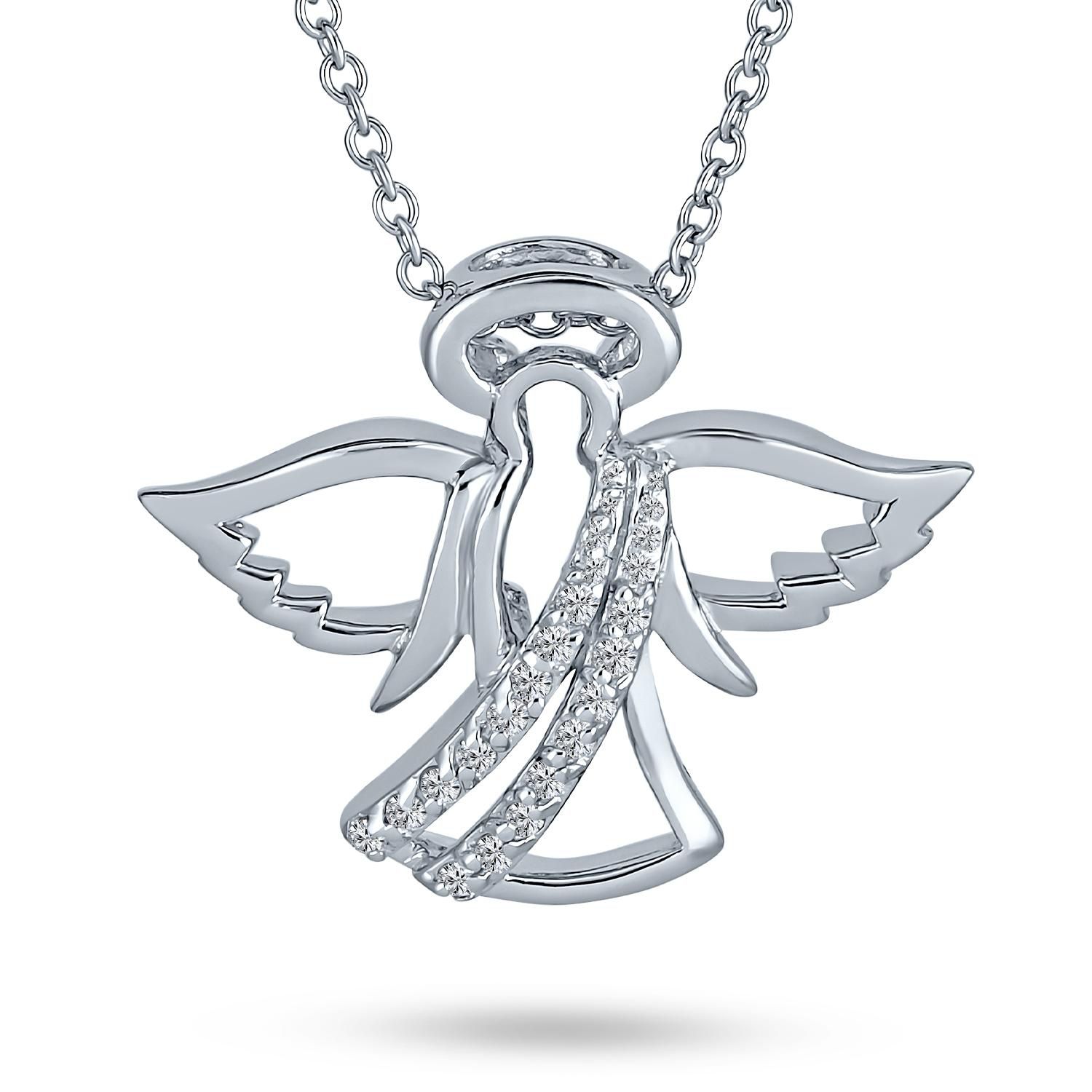 CZ Accent Protection Guardian Angel Pendant Necklace .925 Sterling Silver