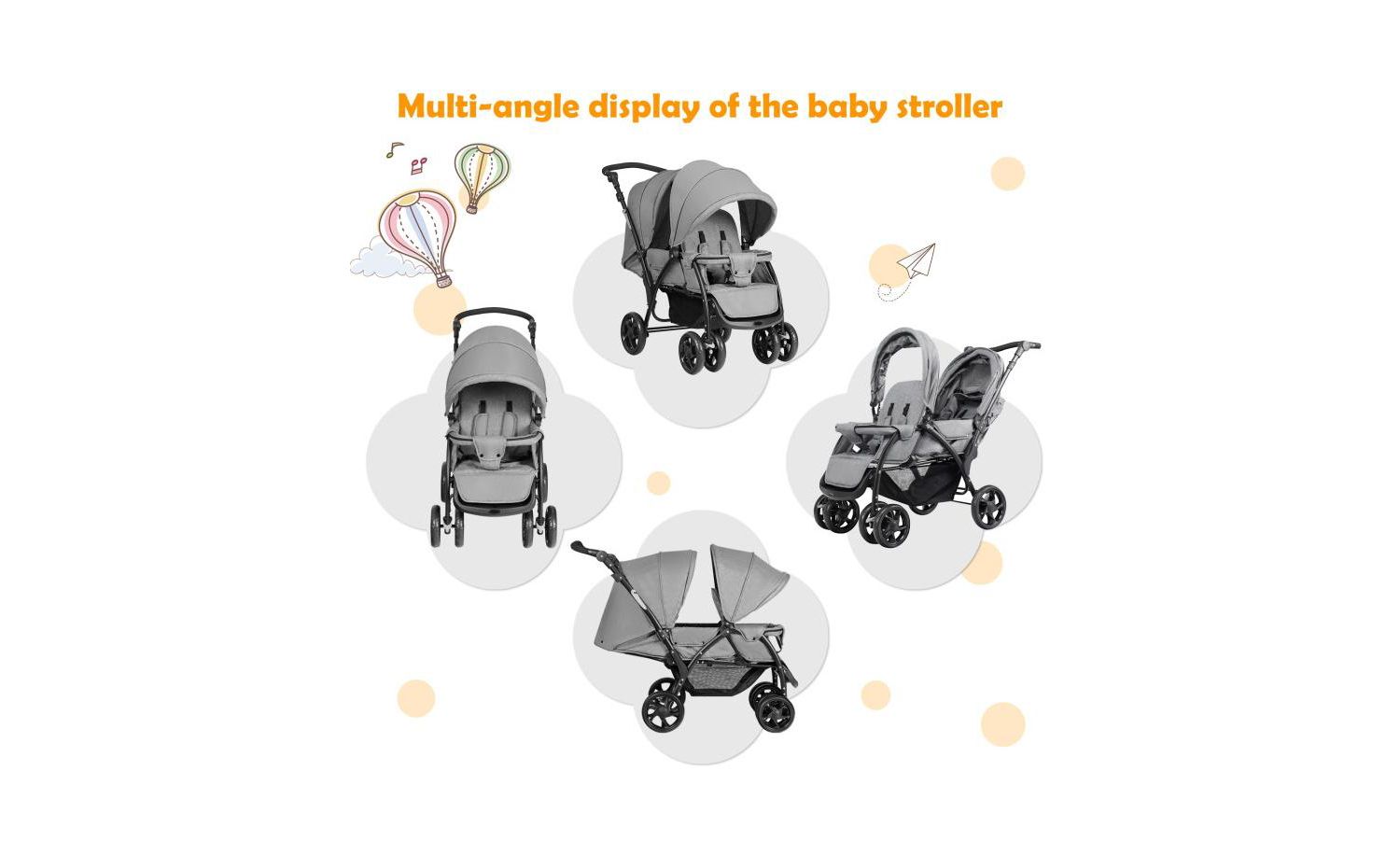 Foldable Double Baby Stroller with Front Back Seats Lightweight Design