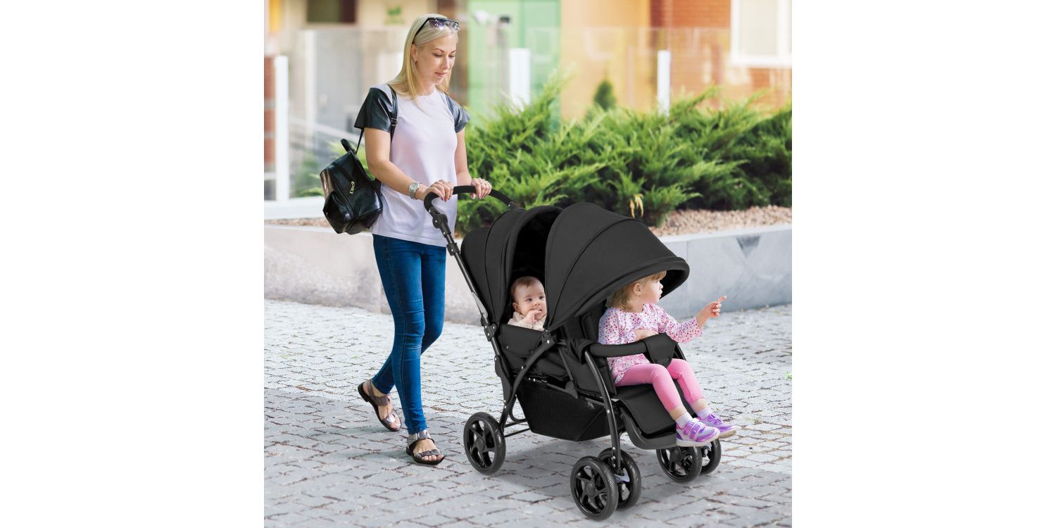Foldable Double Baby Stroller with Front Back Seats Lightweight Design
