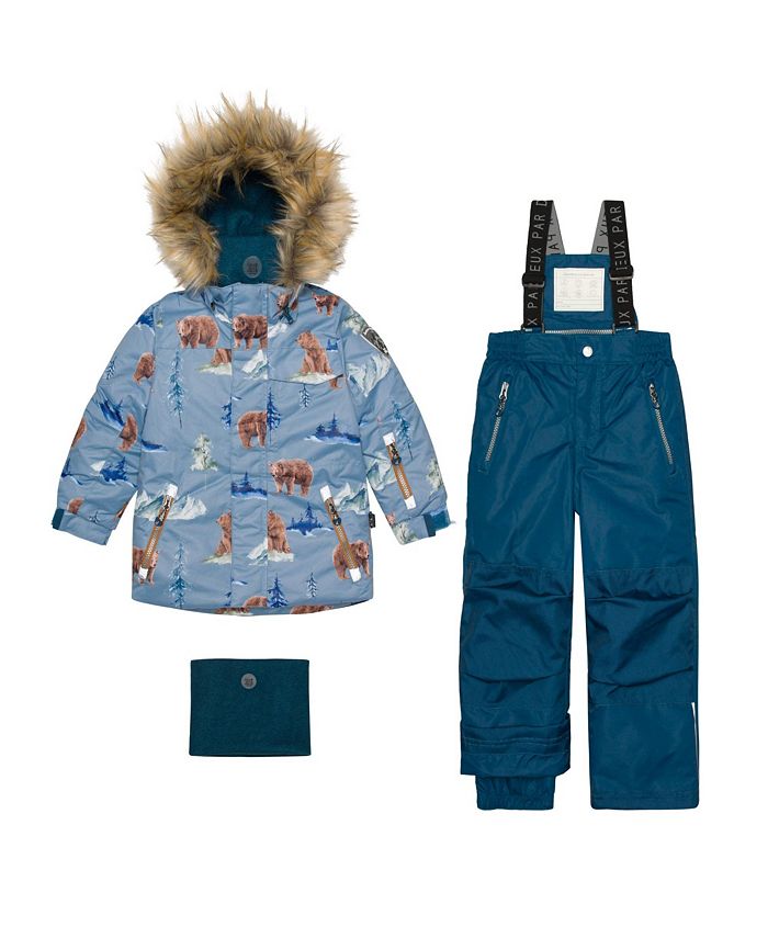 Deux par Deux Boy Two Piece Snowsuit Teal Blue With Bear Print