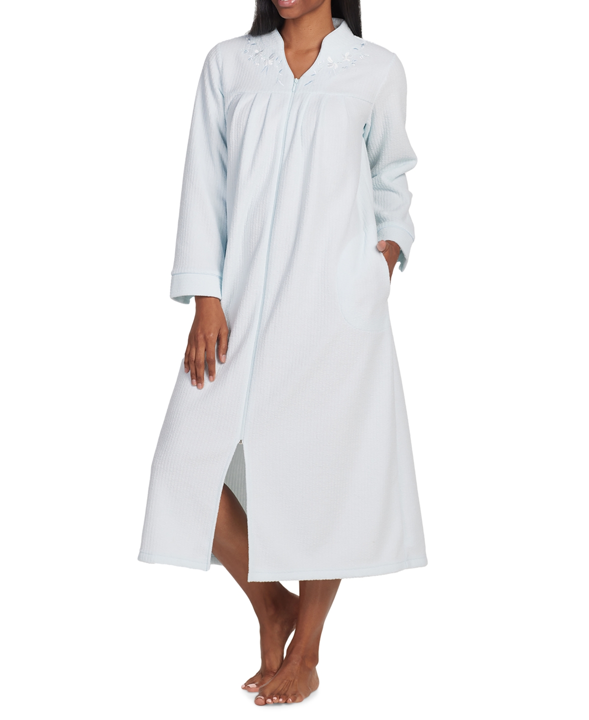 Miss Elaine Women's Embroidered Zip-front Robe In Turquoise