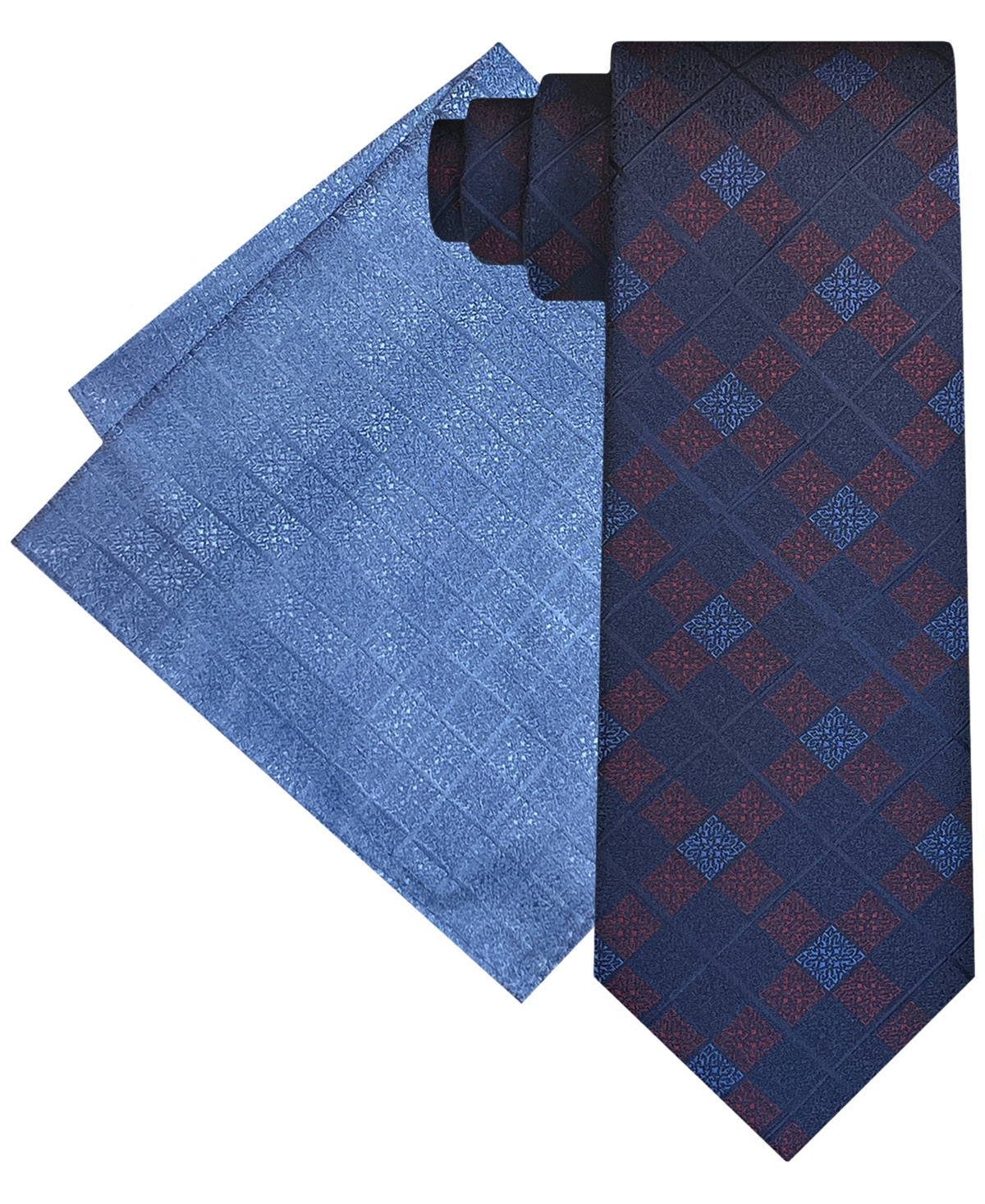 Men's Extra Long Ornate Grid Tie & Pocket Square Set - Silver