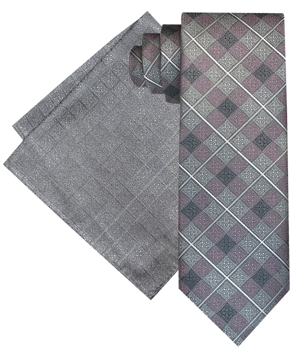 Steve Harvey Men's Extra Long Ornate Grid Tie & Pocket Square Set In Silver
