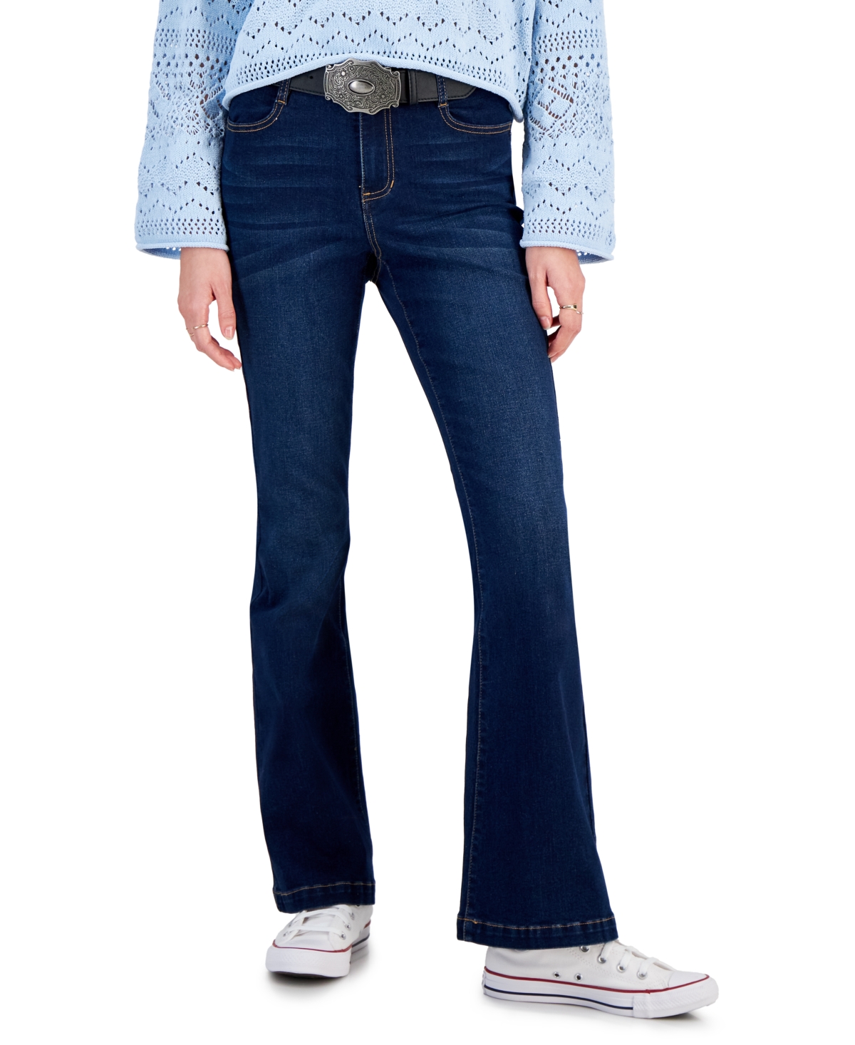 Juniors' High-Rise Belted Flare-Leg Jeans - Northshore