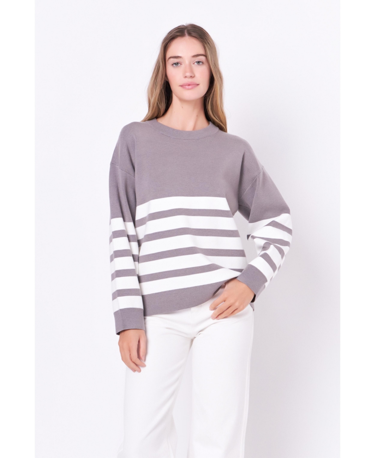 Women's Stripe Round Neck Sweater -white