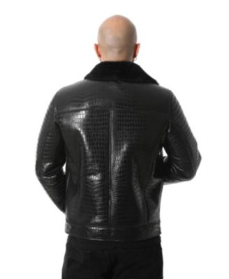 Men's Black Leather Bomber Jacket, Crocodile Emboss