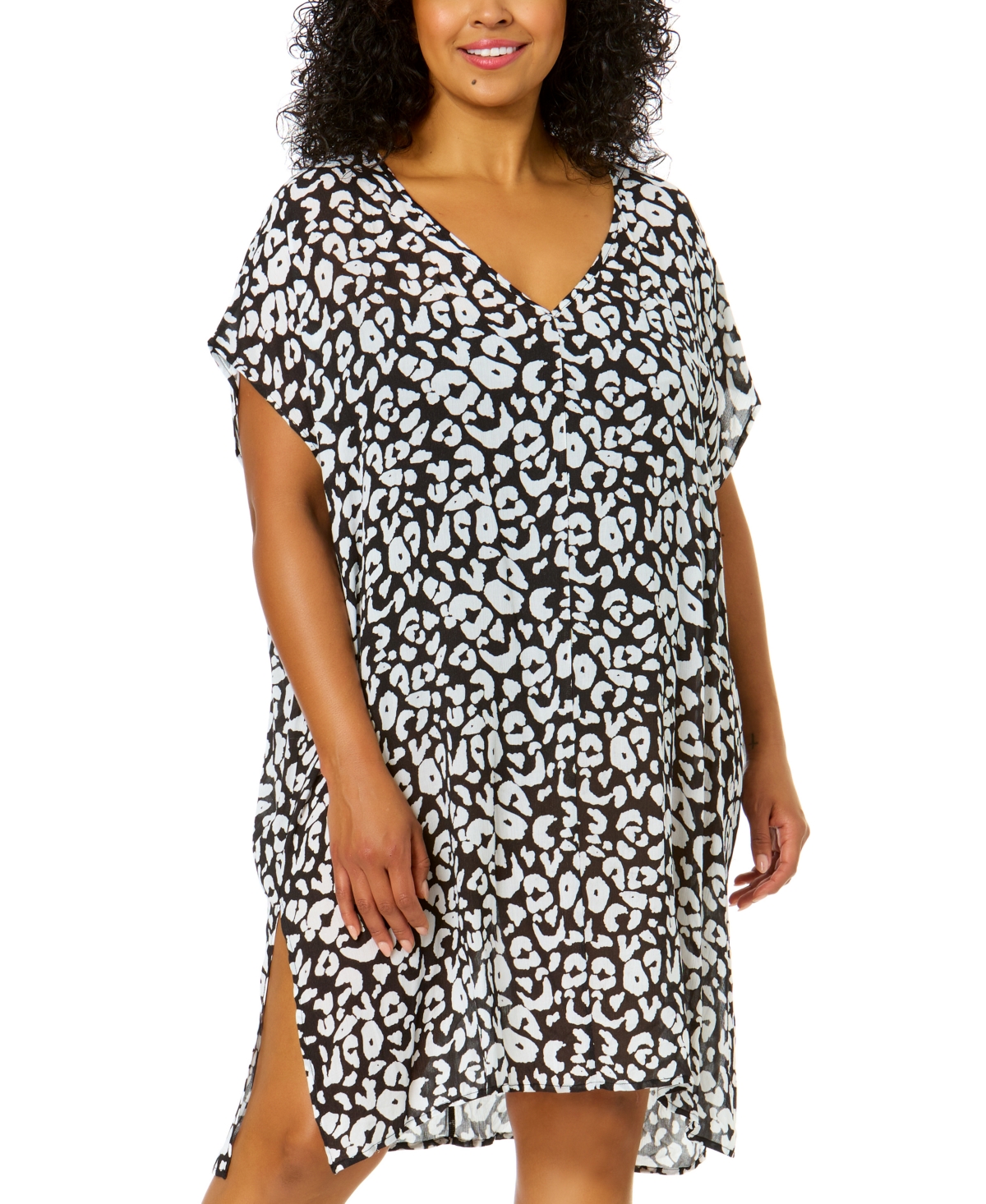 Anne Cole Plus Size V-neck Short-sleeve Tunic Cover-up In Wild Cat