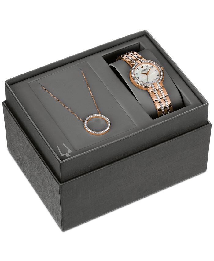 Bulova Women's Classic Crystal Rose Gold-Tone Bracelet Watch Box Set ...