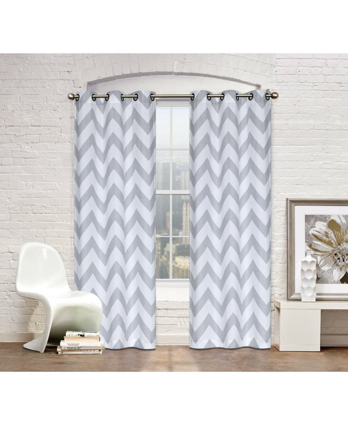 Living 2 Piece Silver & White Metallic Chevron Grommet Curtain Panels - 84 in. Long - Silver