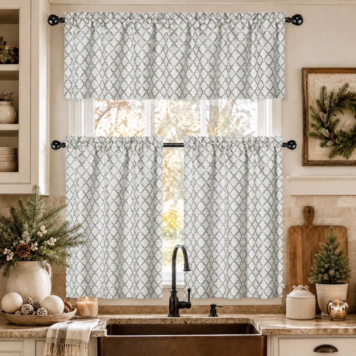 Kate Aurora White & Gray Moroccan Geometric Kitchen Curtain Tier & Valance Set