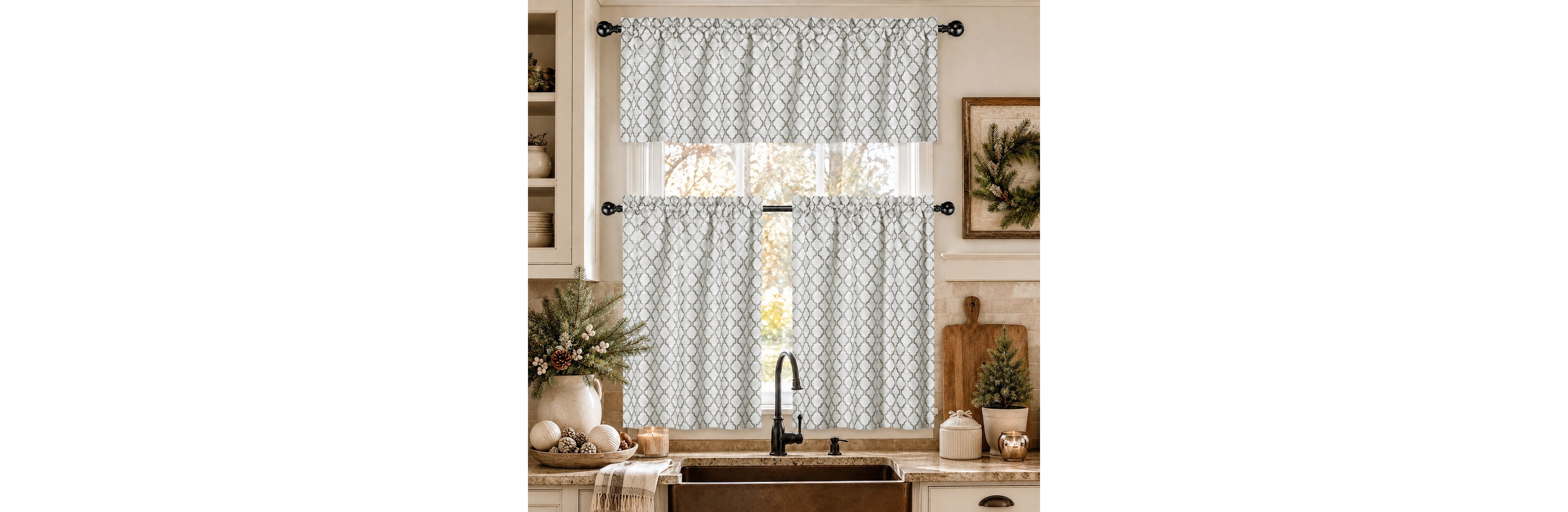 Kate Aurora White & Gray Moroccan Geometric Kitchen Curtain Tier & Valance Set