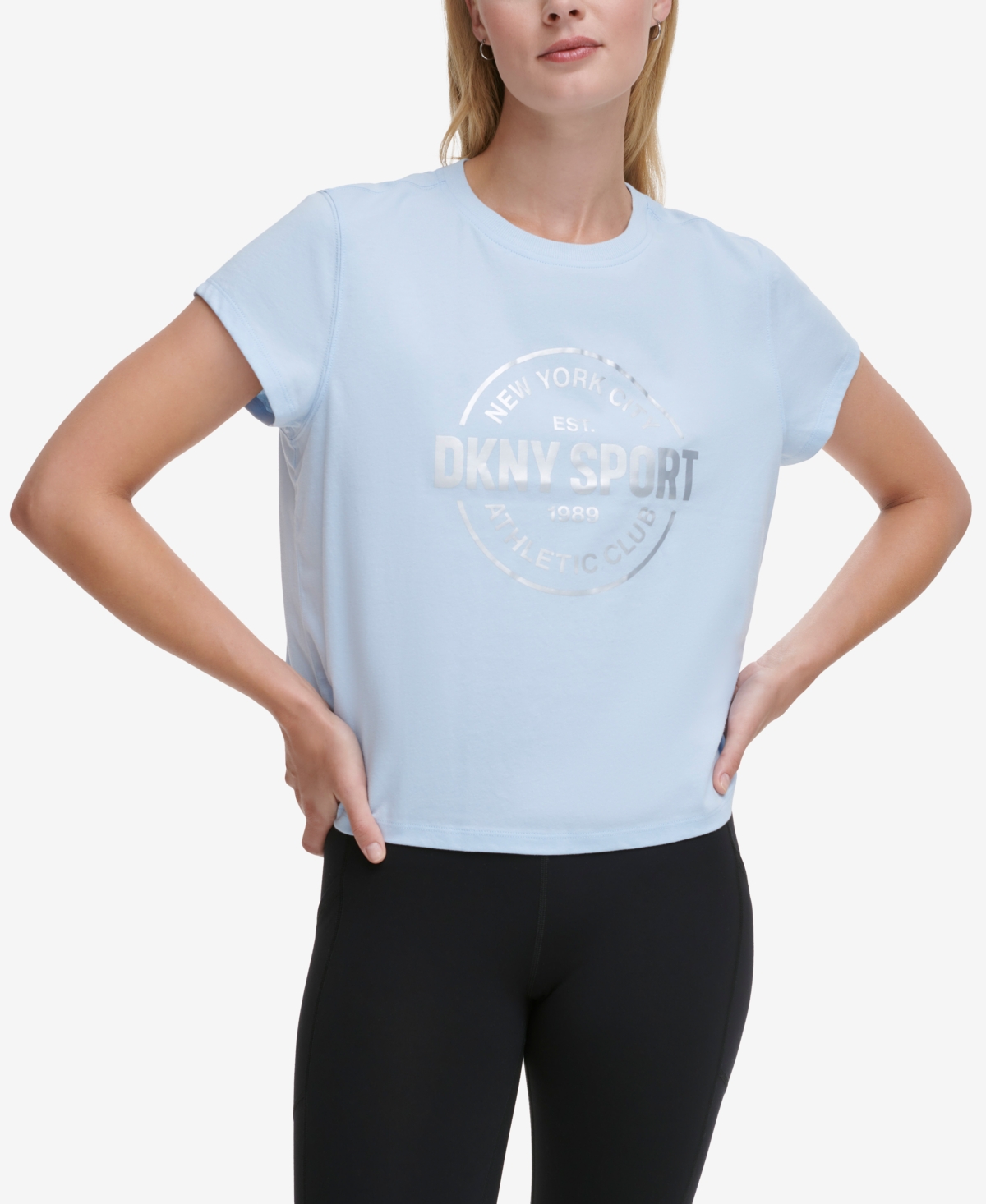 Dkny Sport Women's Medallion Logo Cropped T-shirt In Skyway,silver
