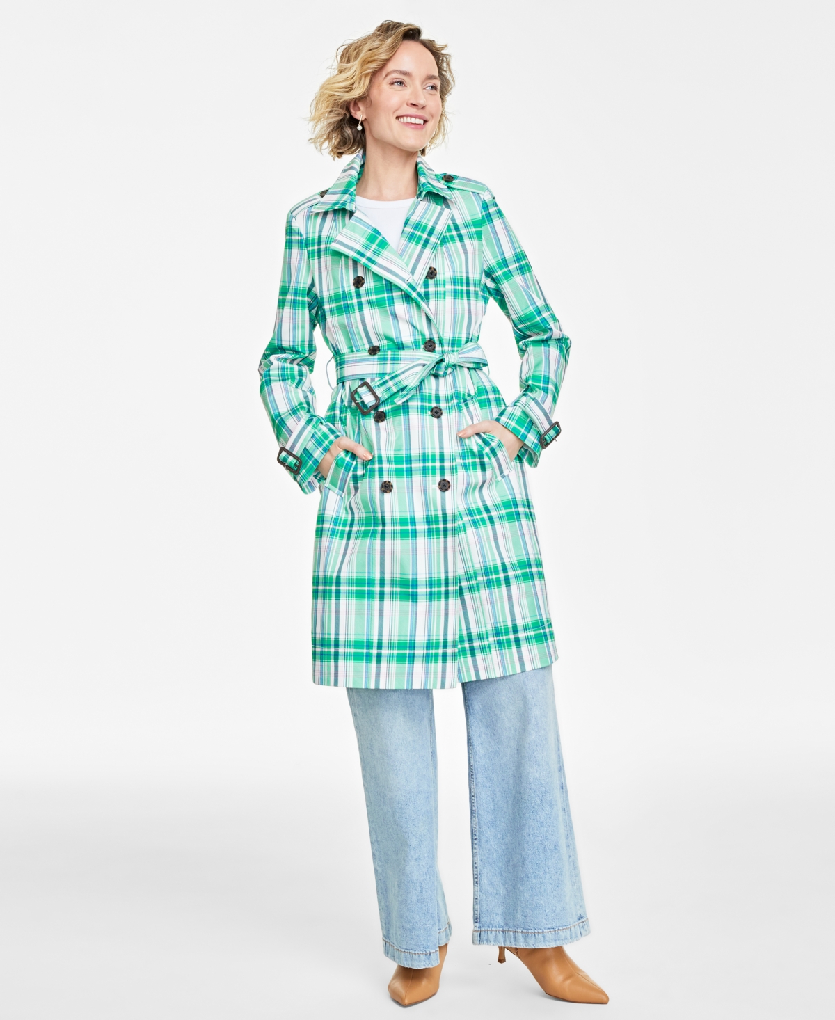 On 34th Women's Plaid Double-Breasted Trench Coat, Created for Macy's