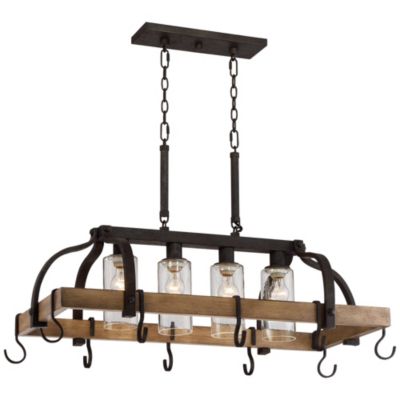Eldrige Bronze Wood Finish Pot Rack Linear Pendant Chandelier Lighting 36 1/2" Wide Rustic Farmhouse Clear Seed Glass 4-Light Fixture Kitchen Island Dining Room House